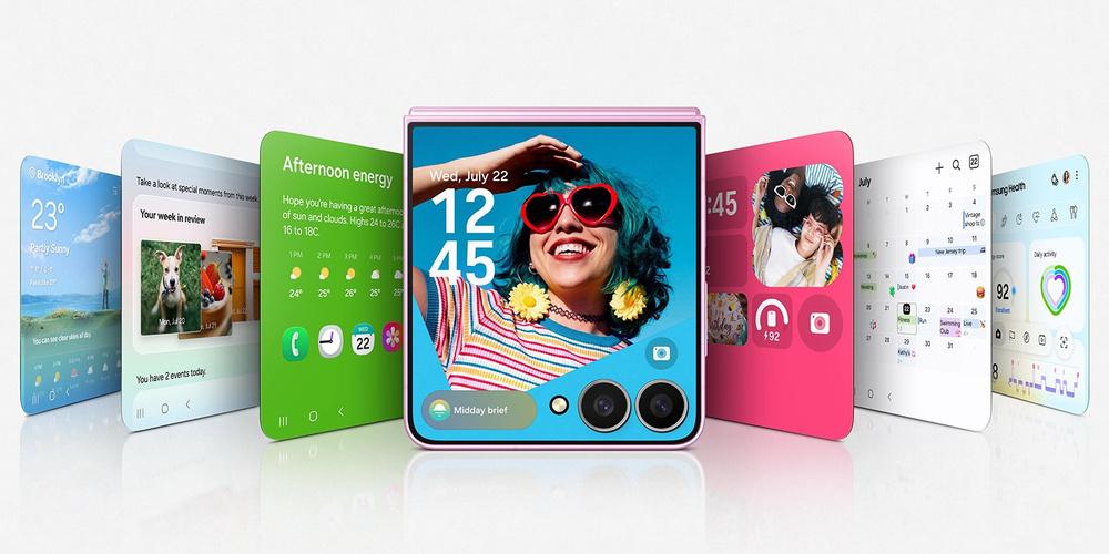 Samsung Galaxy Z Flip8 mit großem Frontdisplay, umgeben von verschiedenen Widgets und App-Ansichten