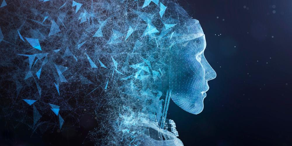 Abstraktes digitales Profilgesicht aus blauen Netzstrukturen und Polygonen