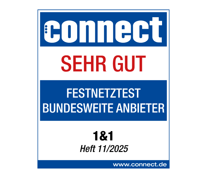 connect Festnetztest 2025: 1&1 erhält die Bewertung „Sehr Gut“ im Test bundesweiter Festnetzanbieter (Heft 11/2025).